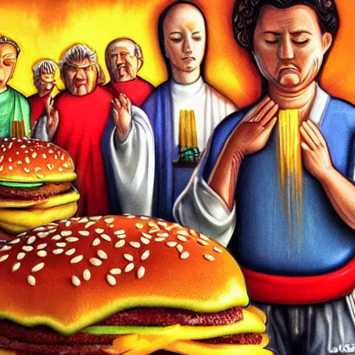 Image similar to people pray behind a hamburger god