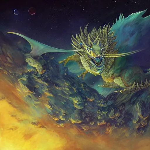 Prompt: Gigantic chrystalline blue scaled gold horned dragon devouring an earth like planet while flying in space, sun system, behemoth, nebula, oil painting, by Fernanda Suarez and Edgar Maxence and Greg Rutkowski