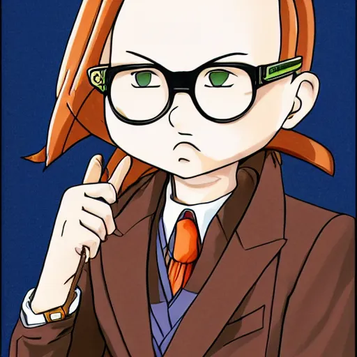 Prompt: style akira toriyama, girl, suit vest, long brown coat, glasses, non - binary, girl, high detail