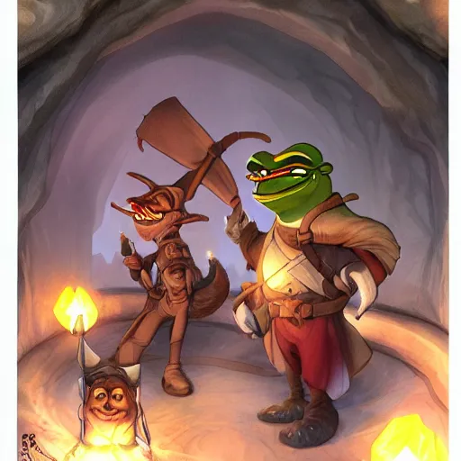 Prompt: D&D, a group of pepe digging in a tunnel by torchlight, artwork by Artgerm, Don Bluth