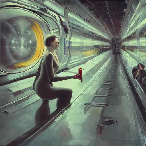 Image similar to woman in flight suit, large hadron collider, dimensional portal, teleportation, wet reflections, prism, atmospheric, ambient, pj crook, syd mead, livia prima, artgerm, greg rutkowski, nick alm, casey baugh