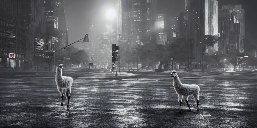 Prompt: a llama walking through a desolate city street at night, statue of liberty seen in the background, realistic 4 k octane beautifully detailed render, 4 k post - processing, highly detailed, intricate complexity, epic composition, magical atmosphere, cinematic lighting, masterpiece, ultra hd