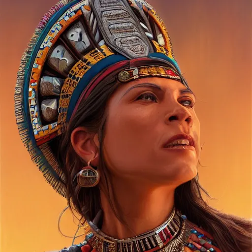 Prompt: an portrait of an happy female aztec, detailed, centered, digital painting, artstation, concept art, donato giancola, Joseph Christian Leyendecker, WLOP, Boris Vallejo, Breathtaking, 8k resolution, extremely detailed, beautiful, establishing shot, artistic, hyperrealistic, beautiful face, octane render