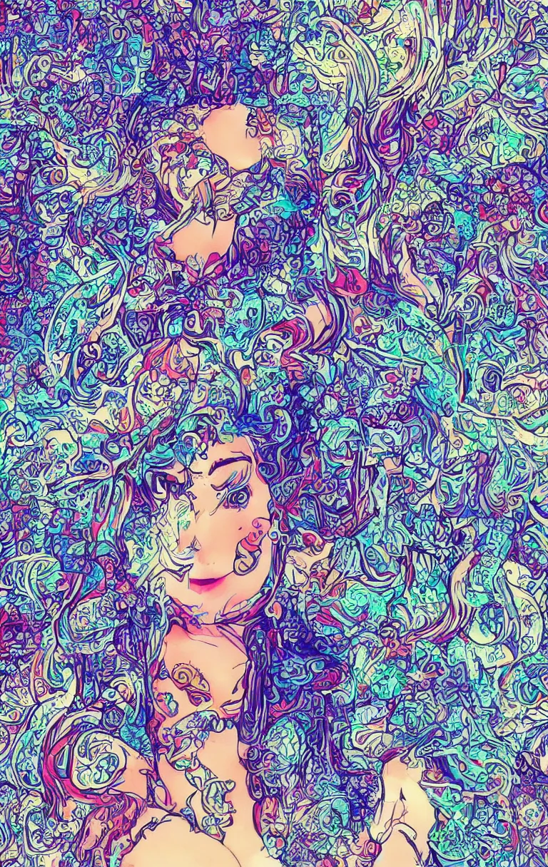 Image similar to beautiful hippie girl illustration, closeup in bikini over psychedelic sacred geometry hallucination