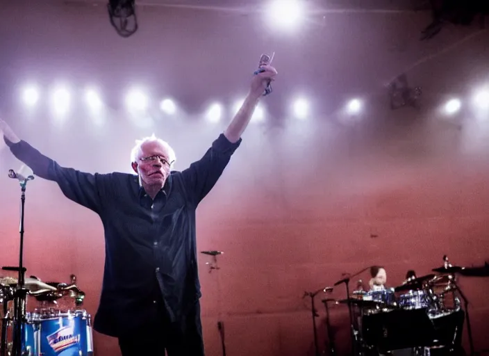 Image similar to publicity photo still of bernie sanders in a punk band playing live on stage, 8 k, live concert lighting, mid shot