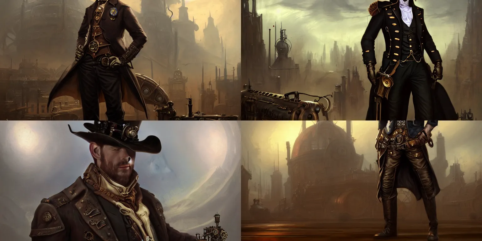 Prompt: full-length portrait of a noble gunslinger gentleman in hat in the center, holding arms on holsters , matte painting of steampunk spaceship on background, by tyler edlin and lindsey look, victorian, concept art, brutal, steam romance, steam-punk, detailed, 4k resolution, trending on artstation