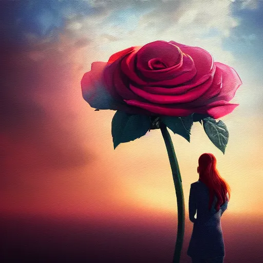 Prompt: closeup, huge rose flower head, frontal, girl in a suit, surreal photography, sunrise, dramatic light, impressionist painting, digital painting, artstation, simon stalenhag