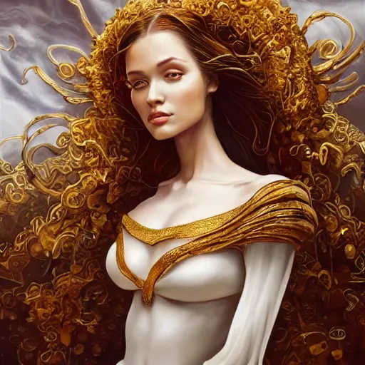 Image similar to a beautiful woman wearing a white dress made of silk with golden ornaments and diamonds jewelry by alex gray and android jones , Karol Bak, Ayami Kojima, Amano , concept art, character design, fantasy,3D, 8k resolution