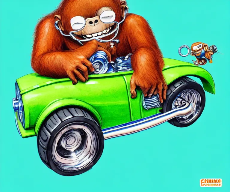 Image similar to cute and funny, orangutan wearing a helmet riding in a tiny hot rod with oversized engine, ratfink style by ed roth, centered award winning watercolor pen illustration, isometric illustration by chihiro iwasaki, edited by range murata, tiny details by artgerm, symmetrically isometrically centered