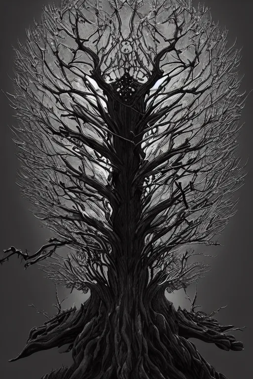 Prompt: a tree, in the style of bloodborne, intricate, elegant, highly detailed, smooth, sharp focus, artstation
