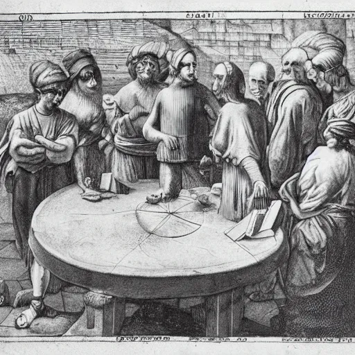 Image similar to A beautiful street art of a group of people standing around a circular table. In the center of the table is a large, open book. The people in the street art are looking at the book with interest and appear to be discussing its contents. Phoenician, nuremberg chronicle by Edward Weston a e s t h e t i c, soothing