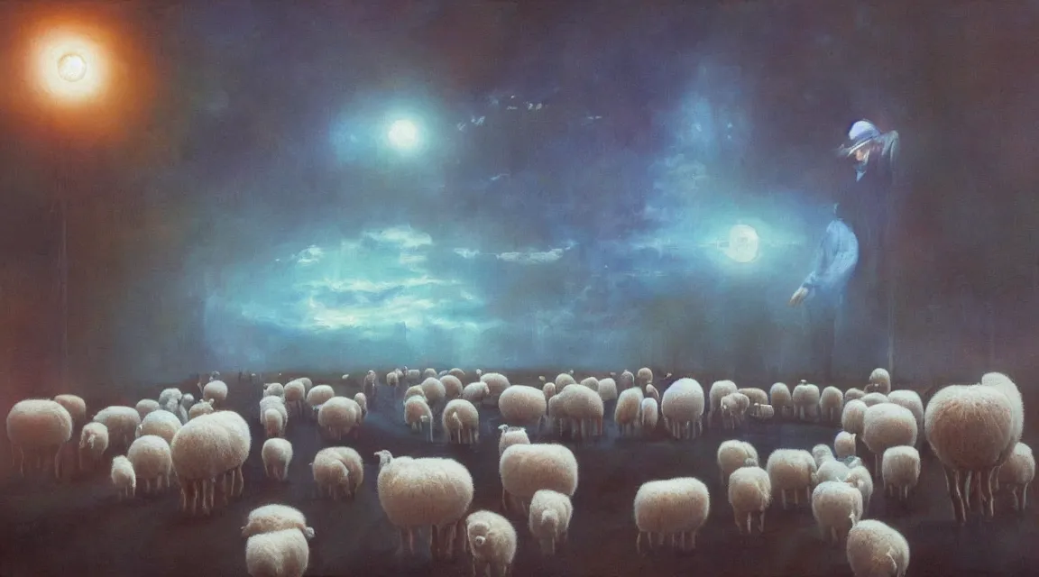 Prompt: do the androids dreams with electric sheeps, Philip K. D. ,oil painting, illustration style