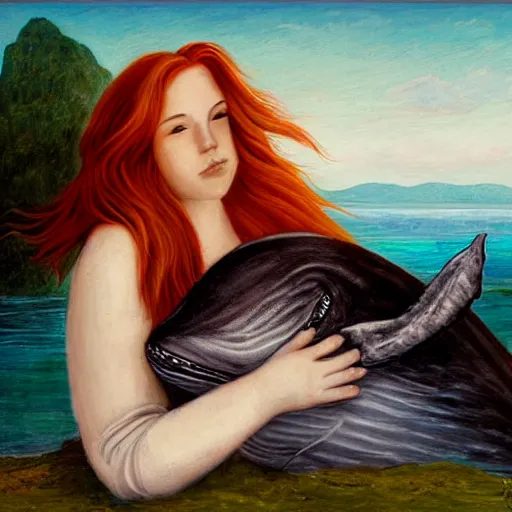 Prompt: a portrait of a red headed young woman hugging a whale in a scenic environment by Bowater Charlie