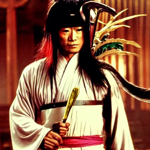 Prompt: Wuxia movie, kung fu movie, yokai, glam metal hair, demon man, Jiang sword 1977, cinematic