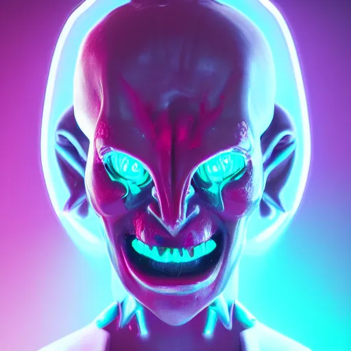 Image similar to synthwave demonic alien face with neon horns, detailed face, sharp focus, synthwave art, aesthetic, octane render, raw, cinematic