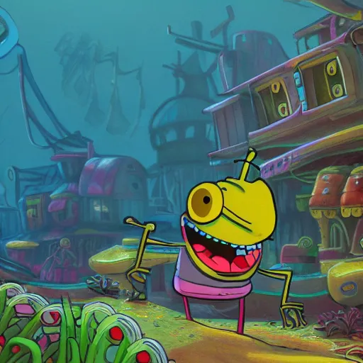 Image similar to bikini bottom drawn by stephen hillenburg, dynamic lighting, fantasy concept art, trending on art station, stunning visuals, creative, cinematic, ultra detailed