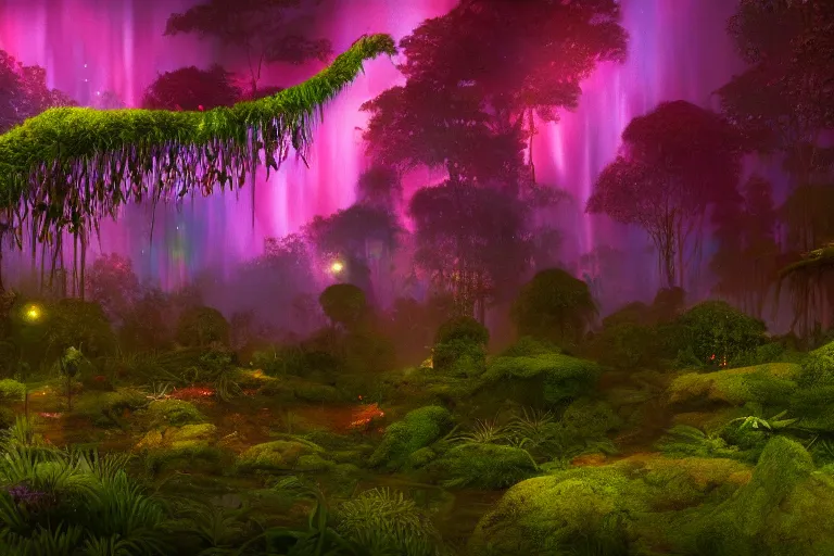 Image similar to beautifully detailed painting of a dreamy psychedelic rainforest with fireflies and fairies and an aurora borealis, and moss rendered in unreal engine 5