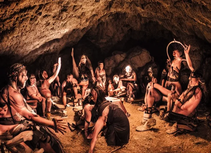 Image similar to neolithic people at a psytrance festival in a cave