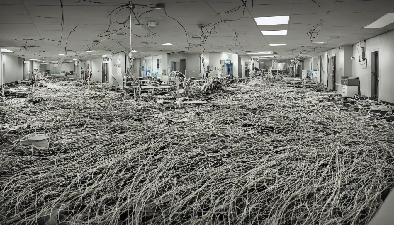 Image similar to Hospital ward floor scattered with hundreds of fish skeletons , decimated barren rooms littered with emerging wires and cables that grow like plants , full colour , upscale , 4k