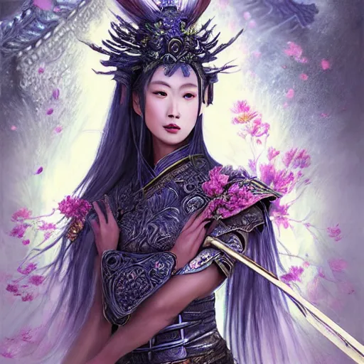 Image similar to beautiful ancient fantasy portrait of wuxia armor heroine, wearing Xian Xia wardrobe, in forbidden City, hybrid from Dynasty Warriror, flowers sea rainning everywhere, intricate, very very beautiful, elegant, highly detailed, digital painting, beautiful glowing galaxy eyes, human anatomy, hyperrealistic, soft light, dynamic, artbreeder, artstation, fantasy concept art, smooth, sharp focus, illustration, art by alphonse mucha and tian zi and WLOP