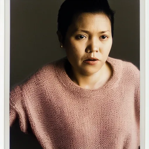 Prompt: filipino woman with short hair wearing an oversized sweater, portrait, colored photo, clear face, by annie liebovitz, david bailey, nan goldin