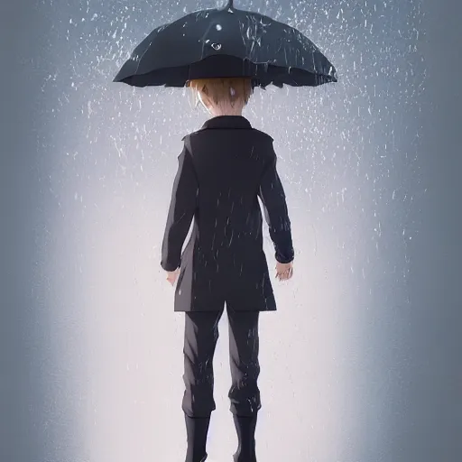 Image similar to portrait of the boy standing in the rain, anime fantasy illustration by tomoyuki yamasaki, kyoto studio, madhouse, ufotable, square enix, cinematic lighting, trending on artstation