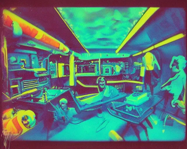 Image similar to wide angle, under water deep sea laboratory, steve zissou, at night, colorful lo fi, polaroid 6 0 0, 1 9 7 5 lightning, data bending, vhs artifacts, vintage science fiction, aquatic plants, colorful swirls of paint, movie set, film noir