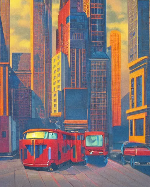 Prompt: urban retro technology, 9 0 s colors and shapes, wayne barlow, oil on canvas, deep depth of field, masterpiece, cinematic composition, hyperdetailed