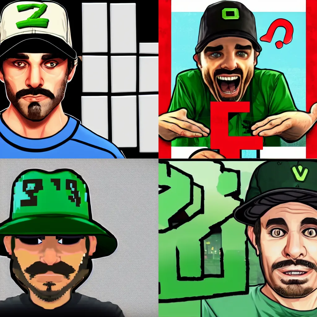 Prompt: vinny from vinesauce wearing his classic hat with a question mark block, in gta v loading screen art style