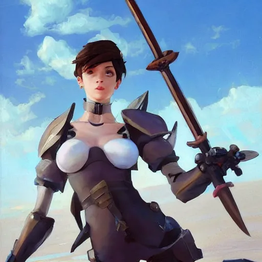 Prompt: greg manchess painting of tracer from overwatch as 2 b nier automata on the beach holding a sword, organic painting, sunny day, matte painting, bold shapes, detailed, detailed, face trending on artstation, artstationhd, artstationhq, hard edges, by huang guangjian and gil elvgren and sachin teng