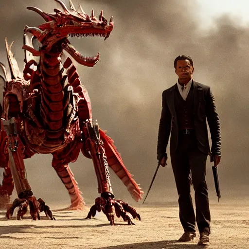 Image similar to cinematic still of westworld, a full body red stunning intricate si - fi robotic fantasy dragon, well armored mech dragon, highly detailed