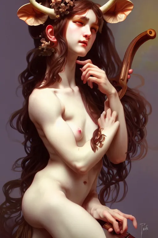 Image similar to beautiful satyr bard, highly detailed, digital painting, artstation, sharp focus, illustration, art by tan zi and ayanamikodon and alphonse mucha and wlop