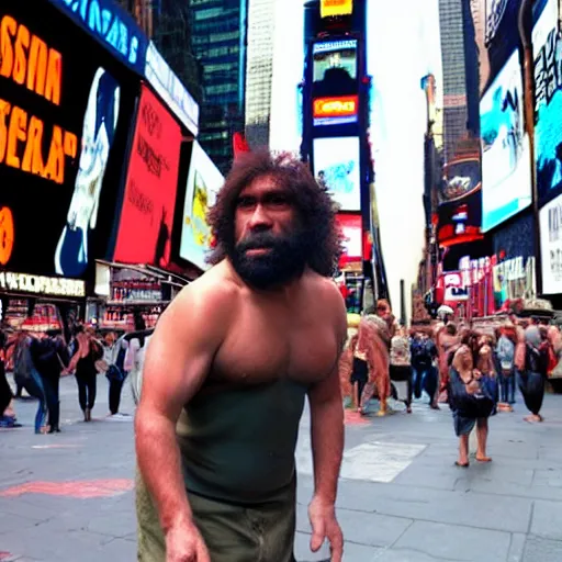 Image similar to a neanderthal caveman confused in times square