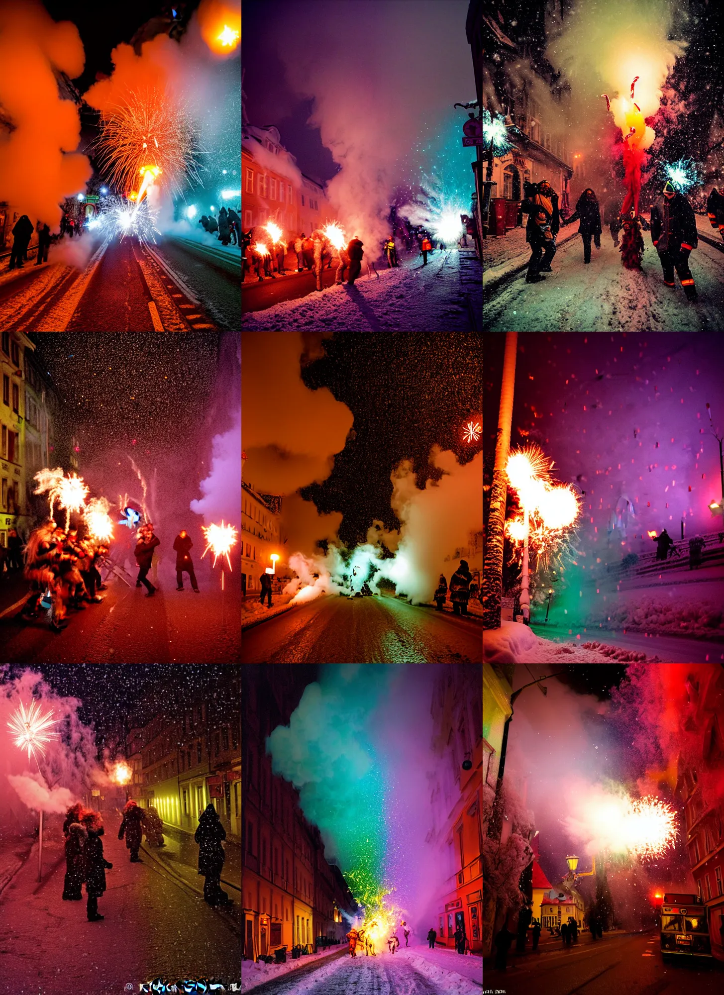 Image similar to kodak portra 4 0 0, winter, snowflakes, rainbow coloured rockets chaos glitter tornados, award winning dynamic photo of a bunch of hazardous krampus between exploding fire barrels by robert capas, motion blur, in a narrow lane in salzburg at night with colourful pyro fireworks and torches, teal lights