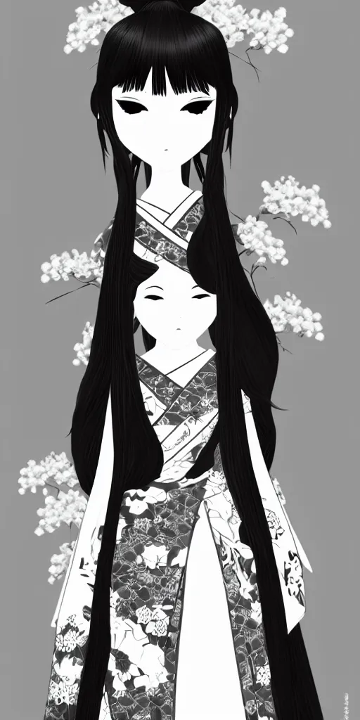 Image similar to character design, black and white kimono, samurai, dark long hair, princess cut hairstyle ， beautiful, elegant, symmetrical face, long legs, regular feet, big katana, full body, wisteria trees, realistic, uhd, unreal engine, detailed