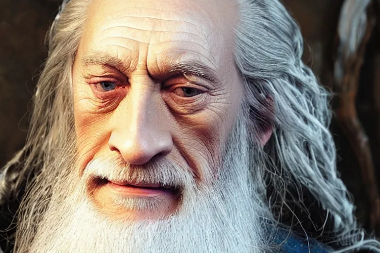 Image similar to gandalf played by charles dance, standing outside orthanc in the style of h. r. giger