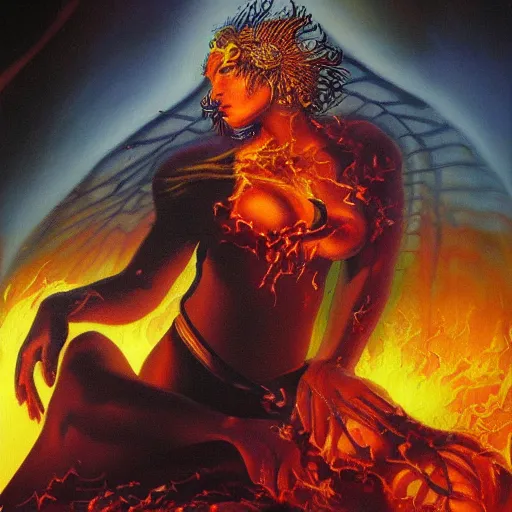 Prompt: A beautiful painting of a goddess with a body made of flames by Jim Burns, ultra-detailed