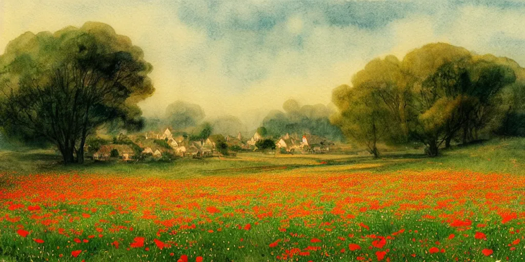 Prompt: a hiper intricate watercolor of a beatifull serene field with some trees and poppys little village in the background, extremely detailed, sharp focus, wide view, smooth, digital illustration, colorfull, by william turner art, by greg rutowski, by carl larson, by edmund dulac