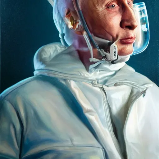 Image similar to hyperrealistic painting of very ill Vladimir Putin wearing an oxygen mask on a death bed inhaling from Copium tank, dimly lit cozy tavern, leather tunic, confident relaxed pose, d&d, stunning 3d render inspired art by Tim Okamura and Lise Deharme + perfect facial symmetry + dim volumetric lighting, 8k octane beautifully detailed render, post-processing, extremely hyperdetailed, intricate, epic composition, grim yet sparkling atmosphere, cinematic lighting + masterpiece, trending on artstation, very very detailed, masterpiece, stunning