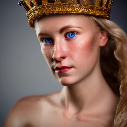 Image similar to portrait head shot photo of a real-life beautiful nordic queen, highly detailed, 8k, award winning, volumetric lighting