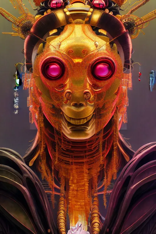 Image similar to asura from chinese myth, ghost, gorgeous and huge head ornaments, dystopian, cyberpunk, organic fractal mycelum and fungi, mecha, halfturn portrait of a big crystal face made of crystals half - turn, ominous, intricate, studio, art by anthony macbain + greg rutkowski + alphonse mucha, concept art, 4 k, sharp focus