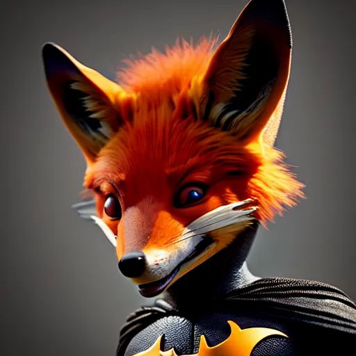 Image similar to weta disney pixar movie still macro close photo of cute anthropomorphic vulpes vulpes fulva wearing batman costume : : by weta, greg rutkowski, wlop, ilya kuvshinov, rossdraws, artgerm, octane render, iridescent, bright morning, anime, liosh, mucha : :