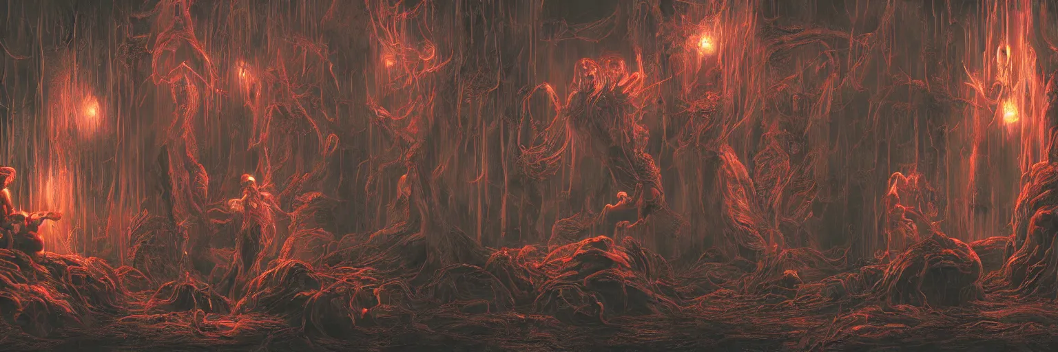 Image similar to demonic ritual, neon, they are watching, RGB, glowing wires everywhere, pristine, by Ross Tran, Zdzisław Beksiński, and Michael Whelan, distant, gustav dore, H.R. Giger, 8k, octane render