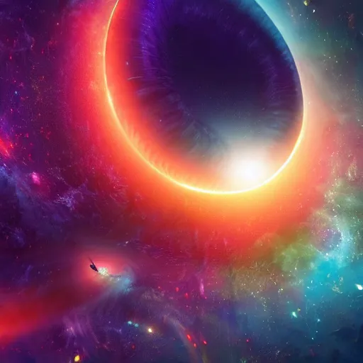 Image similar to glowing glorious 3D black hole in movie, intergalactic, space theme, galaxy colored, hyperdetailed, digital painting, trending on Artstation, cel-shading style, CG society, hyperdetailed, digital painting, hypermaximalist, golden ratio, volumetric, octane render, weta digital, micro details, 3d sculpture