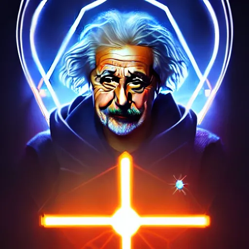 Image similar to symmetry!! portrait of albert einstein as obi - wan, sci - fi, tech wear, glowing lights!! intricate, elegant, highly detailed, digital painting, artstation, concept art, smooth, sharp focus, illustration, art by artgerm and greg rutkowski and alphonse mucha