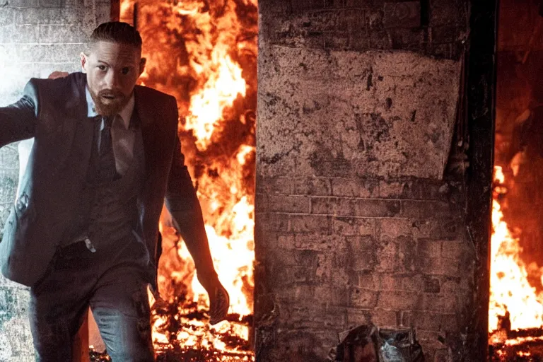 Prompt: film still of Tom Hardy as Max Payne trying to escape a creepy funhouse that is on fire in the Max Payne movie, 4k