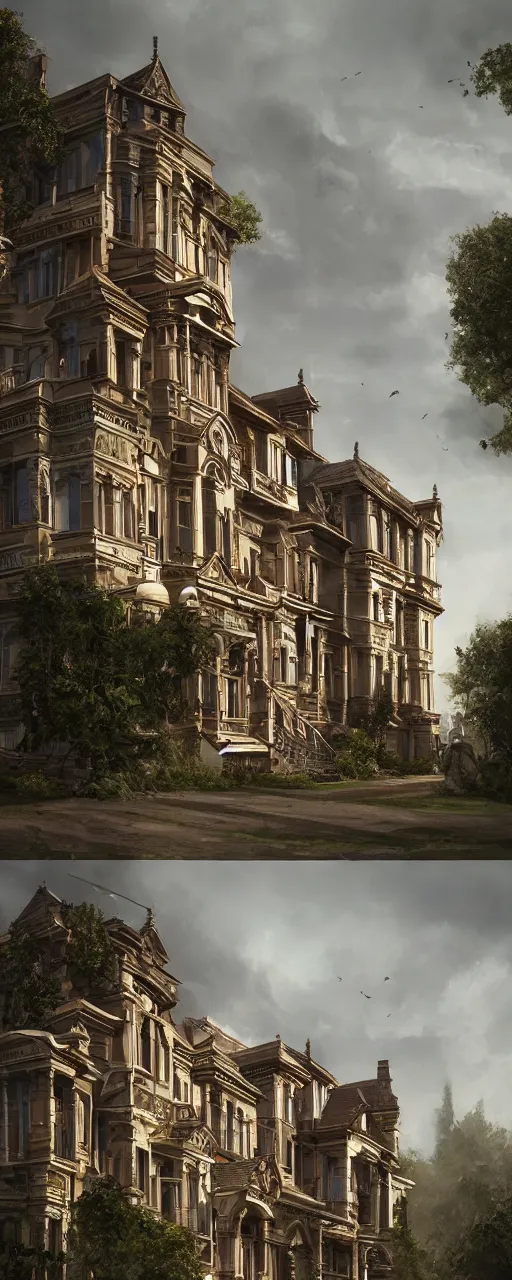 Image similar to very tall multi Level victorian house, rule of thirds, Street scenery, Dynamic lighting, cinematic, establishing shot, extremely high detail, photo realistic, cinematic lighting, , post processed denoised, concept design, concept art, artstation, matte painting, midjourney, style by alex ross, raphael lacoste, eddie mendoza