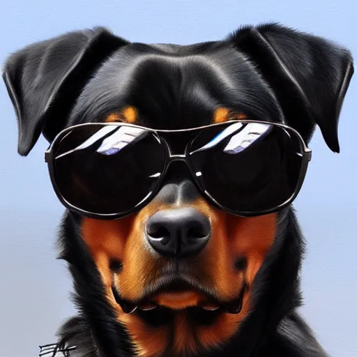 Prompt: rottweiler wearing shades, oil painting, artgerm, portrait, highly detailed, artstation