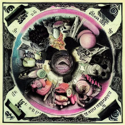 Image similar to post - punk new age album cover, asymmetrical design, dollar bank notes, capitalism, magic, apocalypse, psychedelic, black white pink, magic, giger h. r., giuseppe arcimboldo