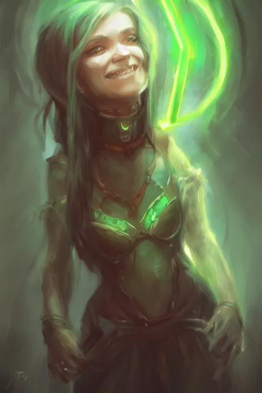 Prompt: half - length portrait, necromancer smiling. green lighting. fantasy, digital painting, hd, detailed.